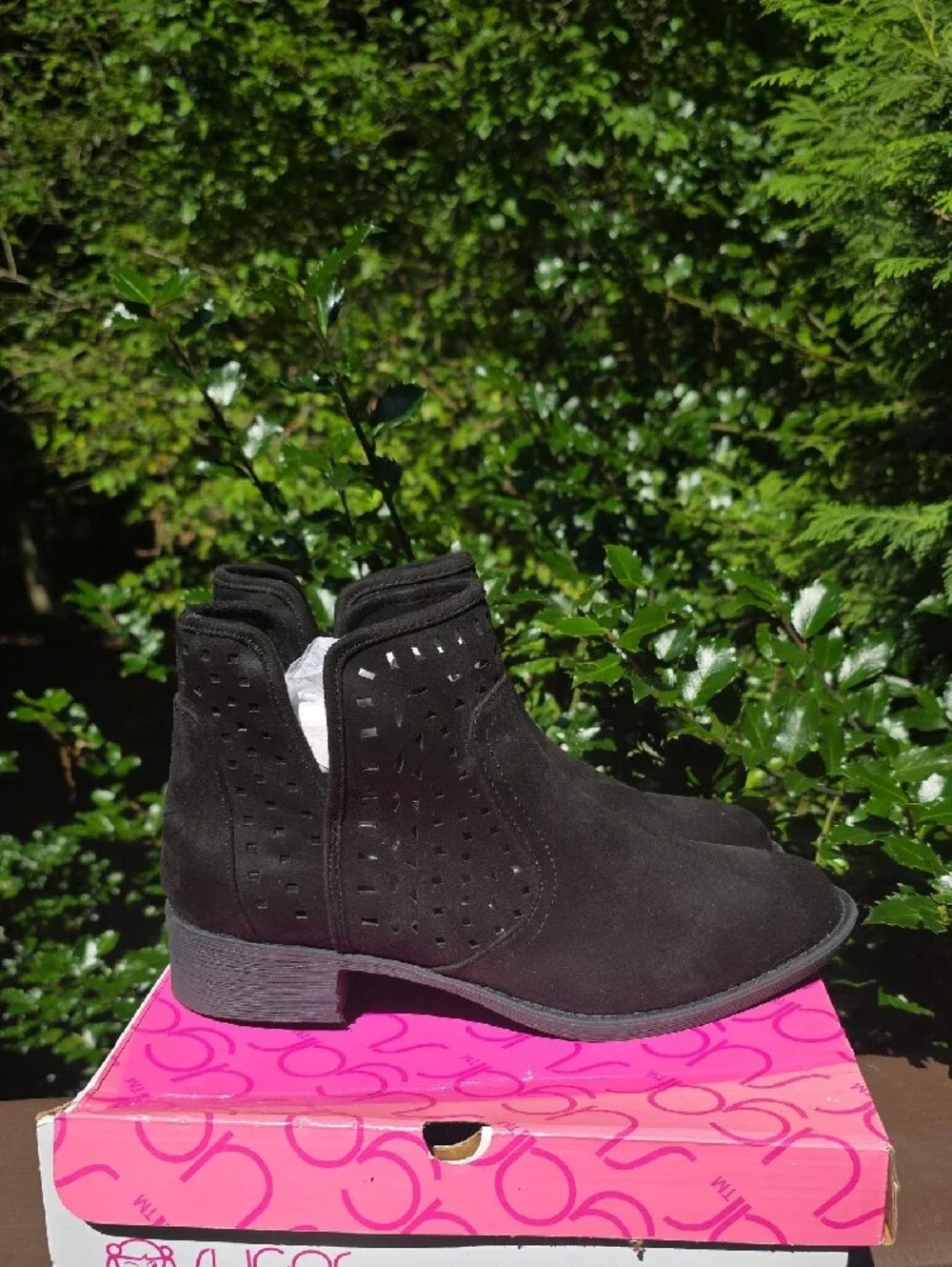 Sugar Black Suede Perforated Ankle Booties